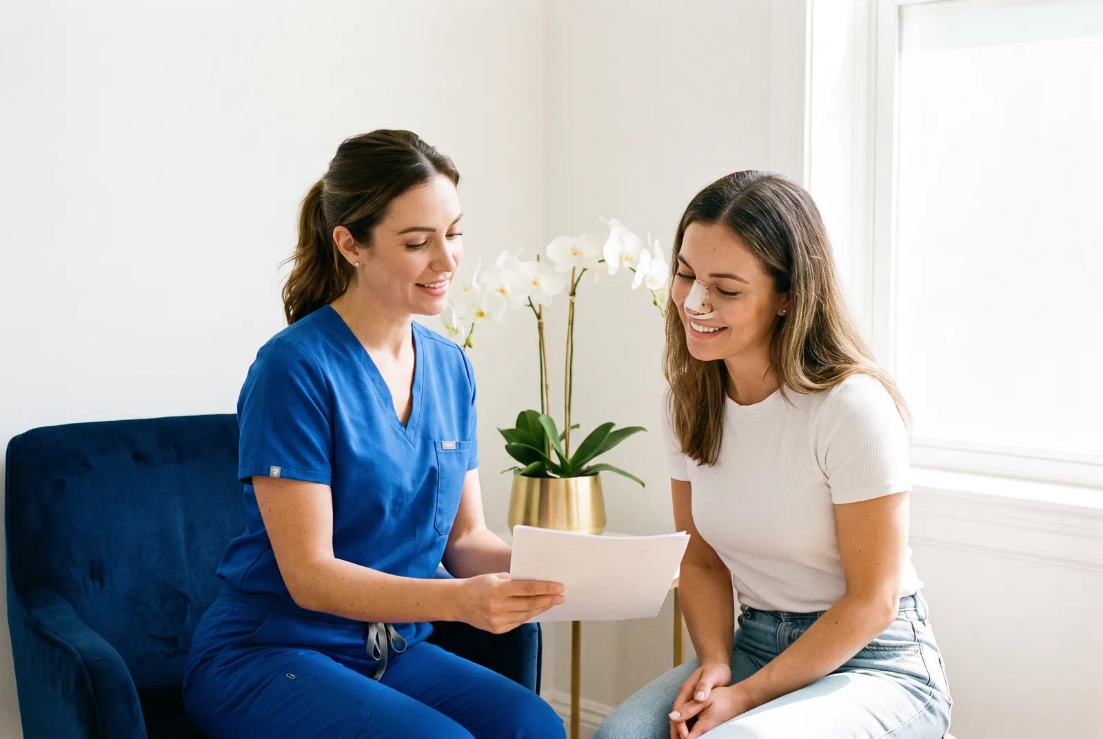 Nurse talking through aftercare notes with a smiling patient